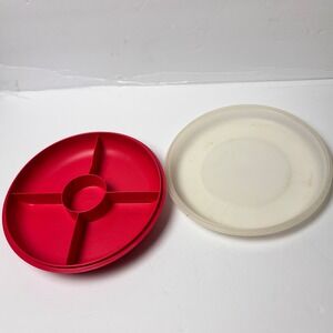 Tupperware Vintage Red Divided Serving Tray 1671 with White Lid 1672 USA Made